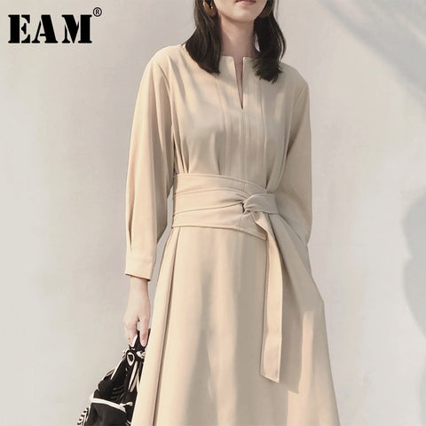 [EAM] Women Beige Waist Bandage Temperament Dress New V-Neck Long Sleeve Loose Fit Fashion Tide Spring Autumn 2020 1T478