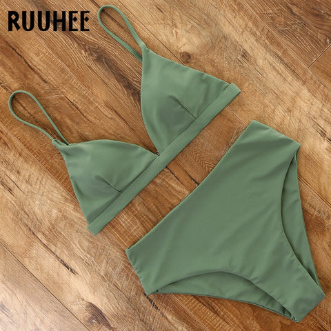 RUUHEE 2020 Bikini Swimwear Swimsuit Women Solid Bathing Suit Green Neno Bikini Set With Pad Female High Waist Beachwear Biquini