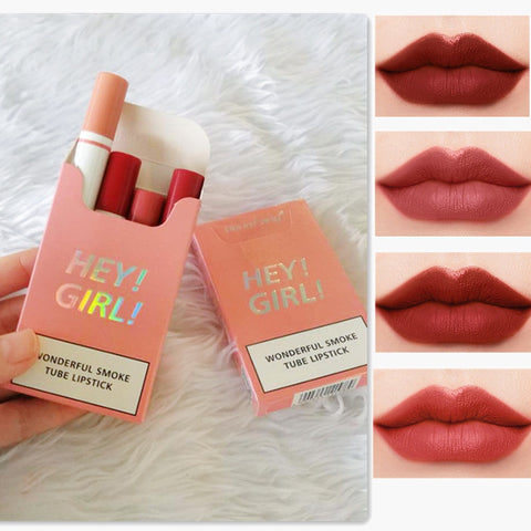 4 Colors/set Long Lasting Matte Korean Lipstick  Moisture Cosmetic Lips Makeup Waterproof Smoke Tube Lipstick Velvet Red Lip