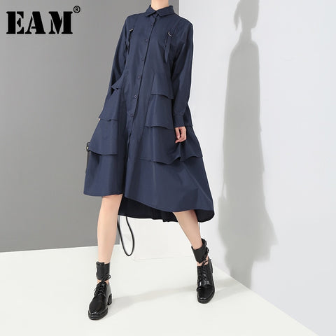 [EAM] 2020 New Spring Autumn Lapel Long Sleeve Black Loose Long Ruffles Stitching Loose Cake Dress Women Fashion Tide JI268