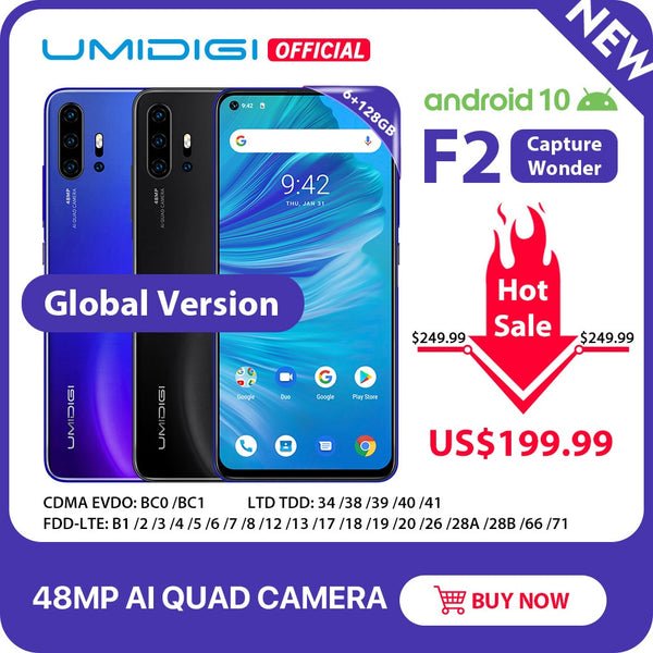 IN STOCK UMIDIGI F2 Android 10 Global Version 6.53"FHD+6GB 128GB 48MP AI Quad Camera 32MP Selfie Helio P70 Cellphone 5150mAh NFC