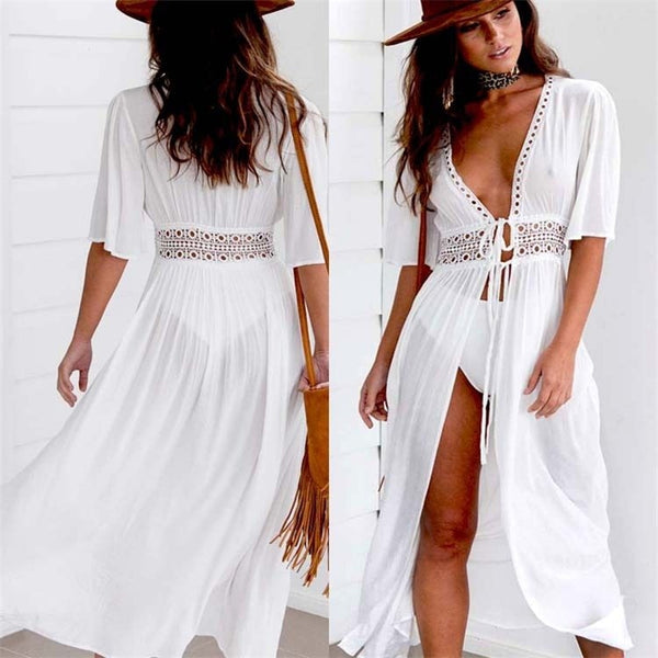 3XL Plus Size Beach Long Maxi Dress Women Beach Cover Up Tunic Pareo White V Neck Dress Robe Swimwear Bathing Suit Beachwear