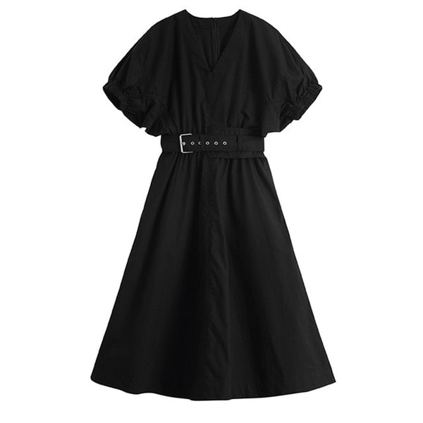 [EAM] Women Black Pleated Temperament Dress New V-Neck Short Puff Sleeve Loose Fit Fashion Tide Spring Summer 2020 1U976