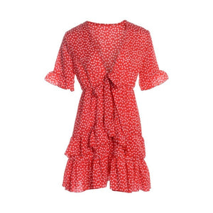 2020 Fashion Women Polka Dot Boho Ruffle Mini Dress Knot V-Neck Party Summer Beach Holiday Dresses Women Vestidos