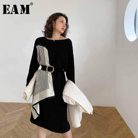 [EAM] Women Black Pattern Printed Stitch Big Size Dress New Round Neck Long Sleeve Loose Fit Fashion Spring Autumn2020 1W478