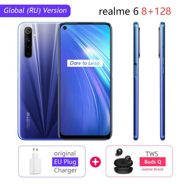 realme 6 8GB 128GB Mobile Phone Helio G90T 30W Flash Charge 4300mAh 64MP Quad Camera Global Version EU Plug Play Store NFC