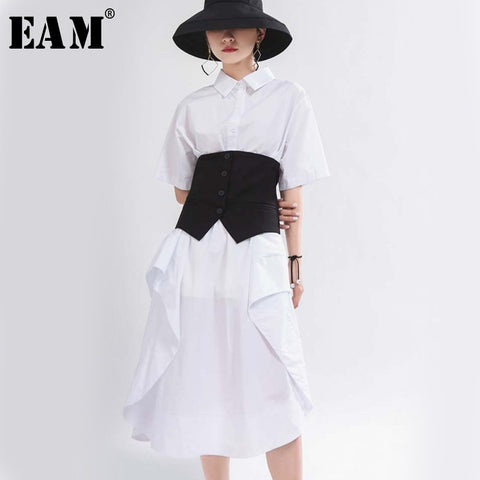 [EAM] Women White Vent Split Joint Big Size Shirt Dress New Lapel Short Sleeve Loose Fit Fashion Tide Spring Summer 2020 1T657