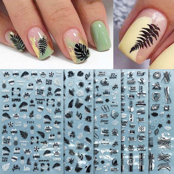 1 Sheet Holographics Nail Sticker Laser Black leave 3D Transfer Beautiful Nail Decals Decoration Summer Popupar DIY Nail Design