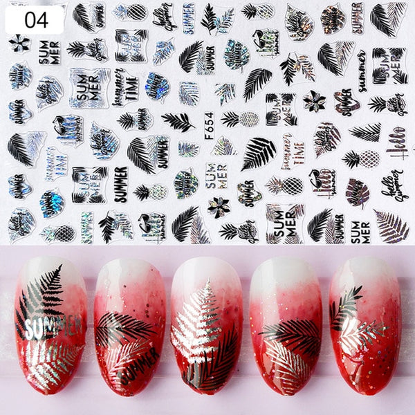 1 Sheet Holographics Nail Sticker Laser Black leave 3D Transfer Beautiful Nail Decals Decoration Summer Popupar DIY Nail Design