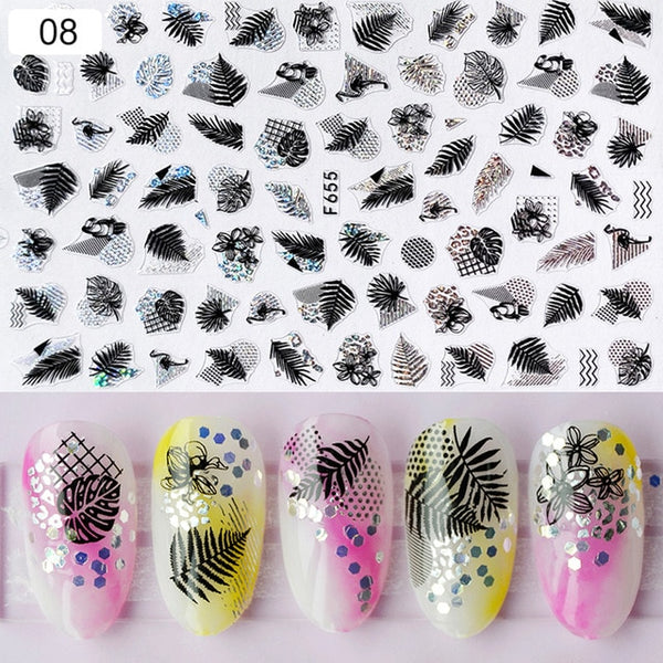 1 Sheet Holographics Nail Sticker Laser Black leave 3D Transfer Beautiful Nail Decals Decoration Summer Popupar DIY Nail Design