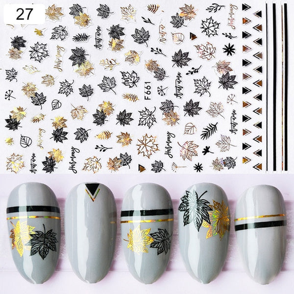 1 Sheet Holographics Nail Sticker Laser Black leave 3D Transfer Beautiful Nail Decals Decoration Summer Popupar DIY Nail Design