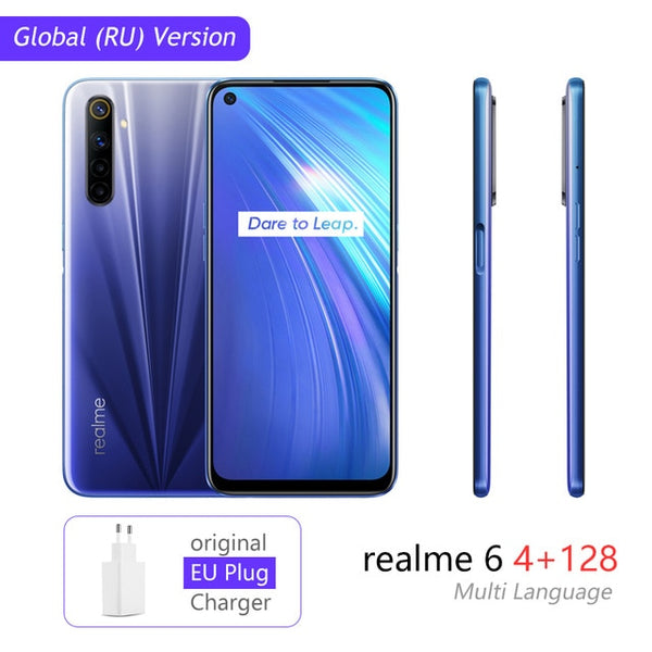 realme 6 Global Version Mobile Phone 4GB RAM 128GB ROM 30W Flash Charge 4300mAh  Helio G90T 64MP Camera NFC Play Store EU Plug
