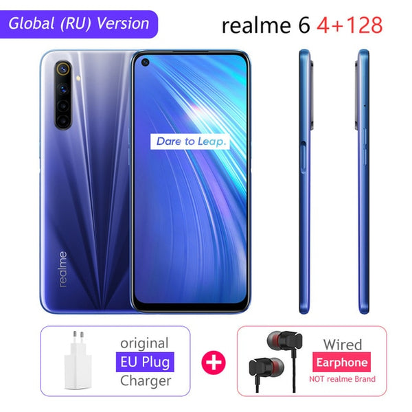 realme 6 Global Version Mobile Phone 4GB RAM 128GB ROM 30W Flash Charge 4300mAh  Helio G90T 64MP Camera NFC Play Store EU Plug