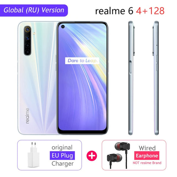 realme 6 Global Version Mobile Phone 4GB RAM 128GB ROM 30W Flash Charge 4300mAh  Helio G90T 64MP Camera NFC Play Store EU Plug