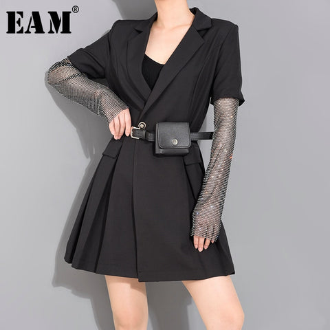 [EAM] Women Black Rhinestones Stitch Suit Dress New Round Neck Long Sleeve Loose Fit Fashion Tide Spring Summer 2020 1S54801S