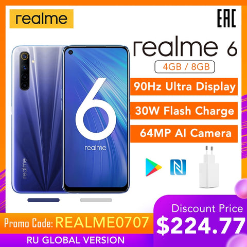 realme 6 Global Version Mobile Phone 4GB 8GB RAM 128GB ROM 30W EU Flash Charge 4300mAh Helio G90T 64MP Camera NFC Play Store