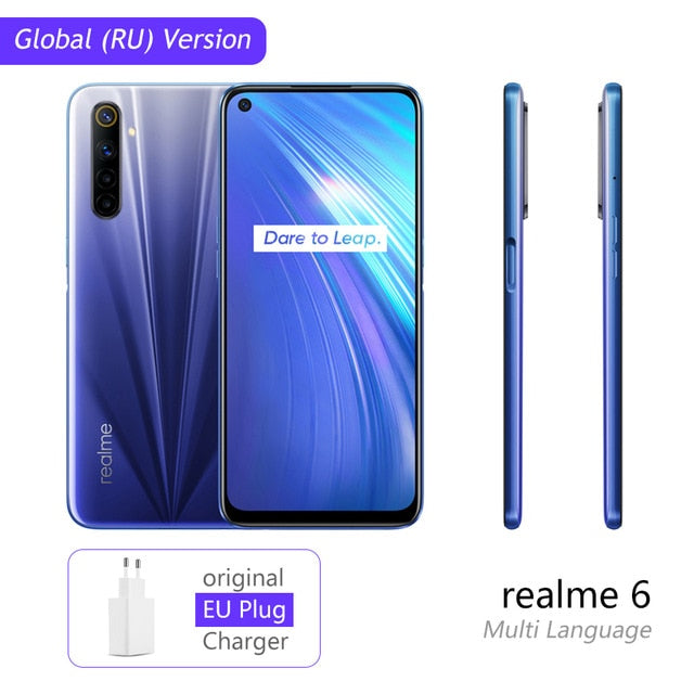 realme 6 Global Version Mobile Phone 4GB 8GB RAM 128GB ROM 30W EU Flash Charge 4300mAh Helio G90T 64MP Camera NFC Play Store