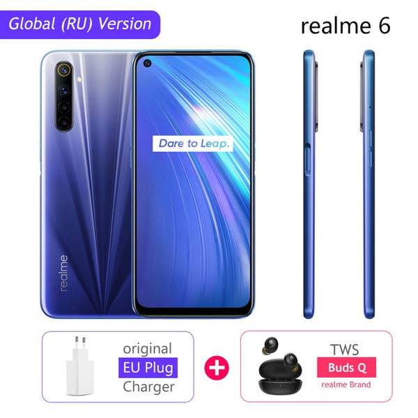 realme 6 Global Version Mobile Phone 4GB 8GB RAM 128GB ROM 30W EU Flash Charge 4300mAh Helio G90T 64MP Camera NFC Play Store