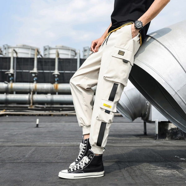 Men's Side Pockets Cargo Harem Pants 2020 Ribbons Black Hip Hop Casual Male Joggers Trousers Fashion Casual Streetwear Pants