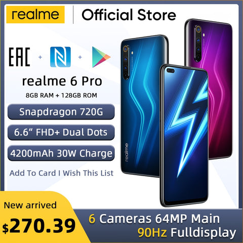 realme 6 Pro Mobile Phone 64MP Cam 8GB RAM 128GB ROM Snapdragon 720G Smartphone 90Hz Display 30W Flash Charge 4200mAh Cellphone
