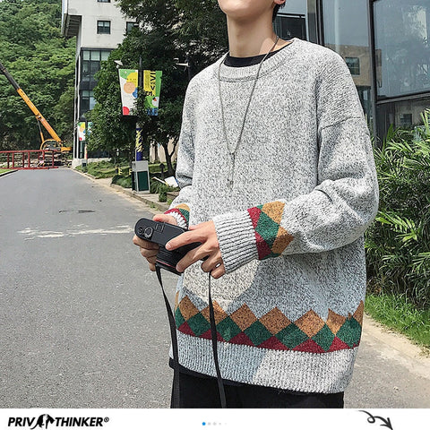 Privathinker Korean Patchwork Men's Knitted Sweaters Hip Hop Man Casual Loose Pullovers Streetwear Men Warm Tops Sweater