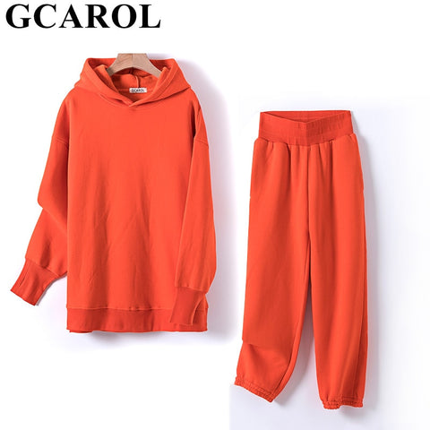 GCAROL Fall Winter Women Sets Extra Long Hooded Suits 80% Cotton Fleece Oversized Boyfriend Sweatshirt Elastic Waist Harem Pants