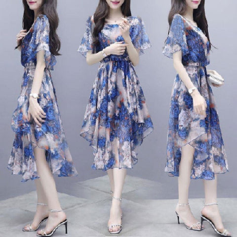 Dress Women's Summer 2019 New Style V-neck Korean-style Mid-length Slimming Thin Large Size Floral-Print A- line Skirt Fashion