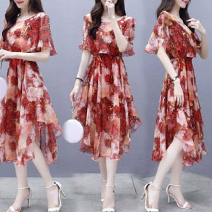 Dress Women's Summer 2019 New Style V-neck Korean-style Mid-length Slimming Thin Large Size Floral-Print A- line Skirt Fashion