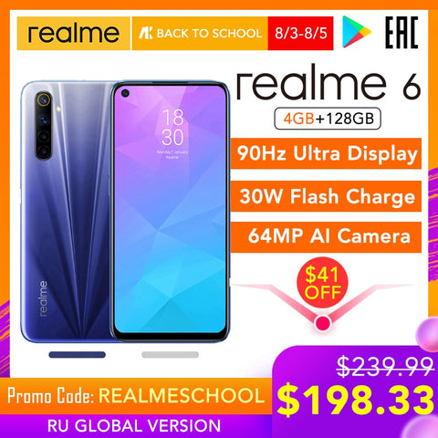 realme 6 Global Version Mobile Phone 4GB RAM 128GB ROM 30W Flash Charge 4300mAh  Helio G90T 64MP Camera NFC Play Store EU Plug