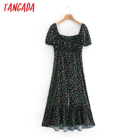 Tangada fashion women floral print summer dress square collar short sleeve ladies vintage midi dress vestidos XN543