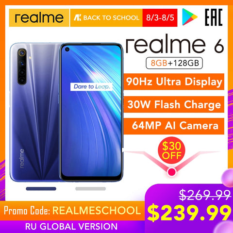 realme 6 8GB 128GB Mobile Phone Helio G90T 30W Flash Charge 4300mAh 64MP Quad Camera Global Version EU Plug Play Store NFC