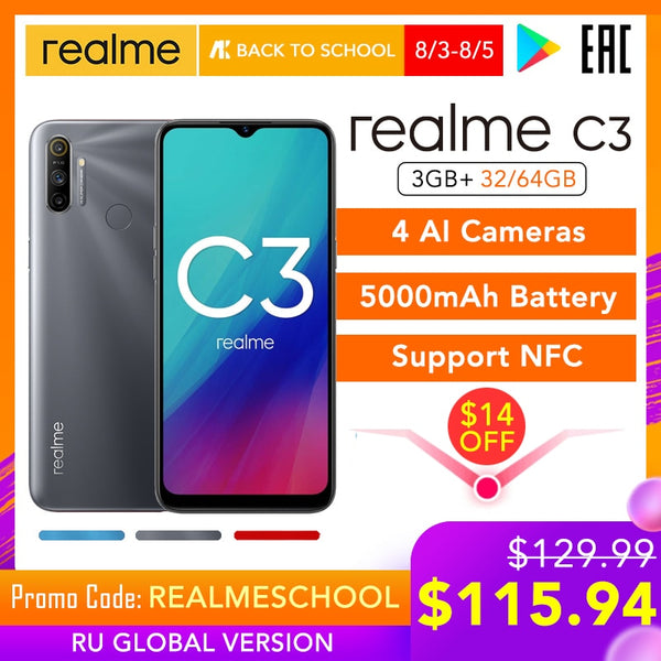 realme C3 Global Version 3GB RAM 32GB/64GB ROM 5000mAh Battery Helio G70 AI Processor 12MP+2MP+2MP AI 3 Rear Cameras Play Store