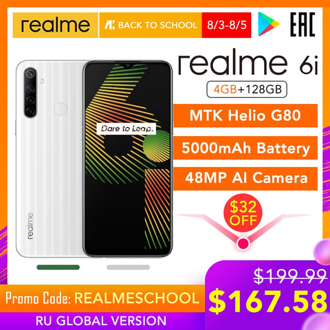 realme 6i Global Version 6 i Mobile Phone 4GB RAM 128GB ROM 5000mAh Battery Helio G80 6.5" Display 48MP Camera NFC Play Store